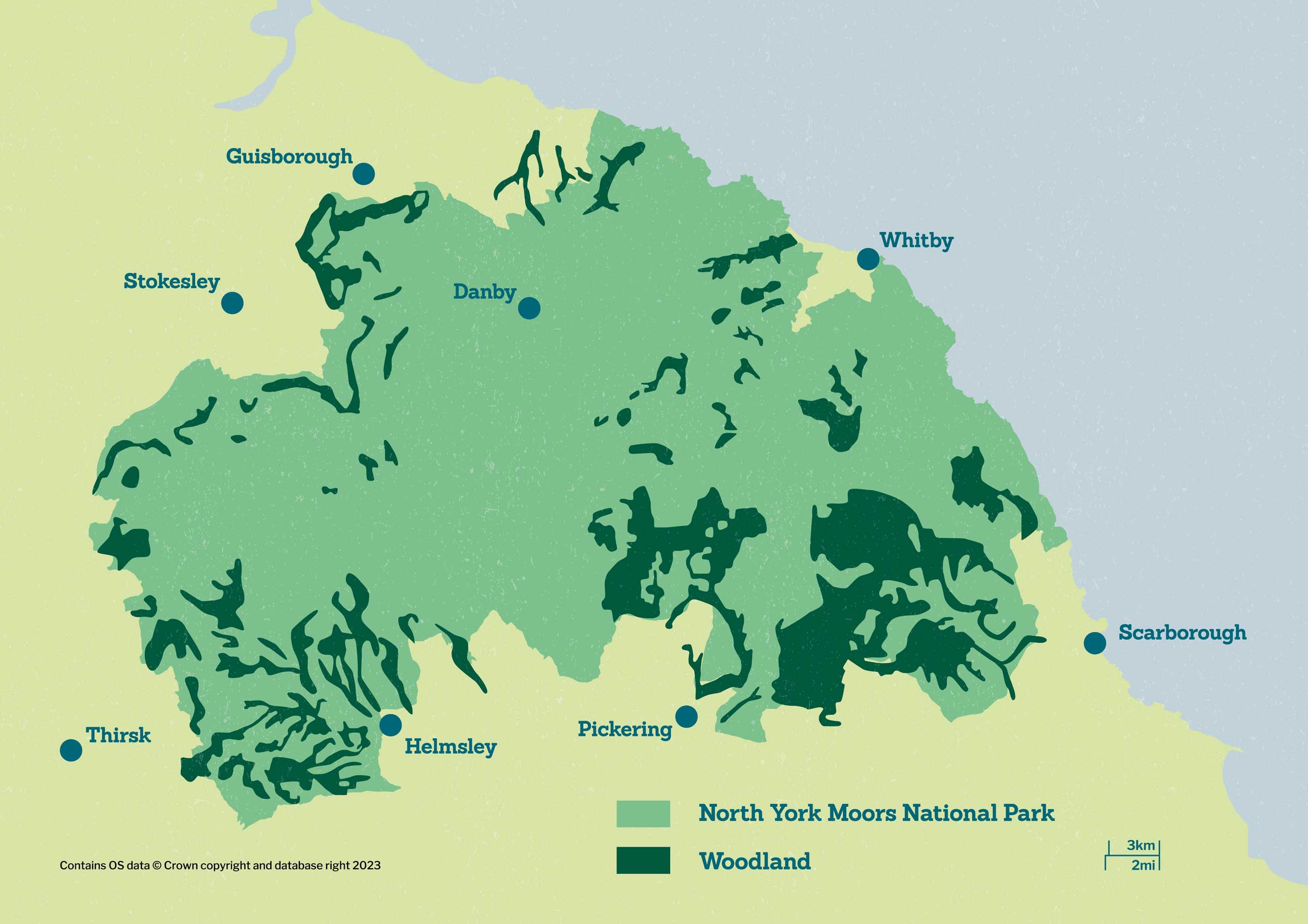 Graphical map showing woodland cover across the North York Moors National Park